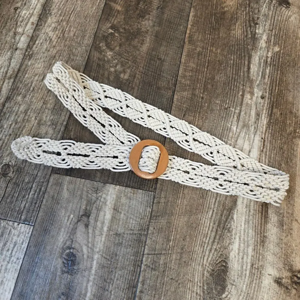 Vintage Cream Woven Fabric Belt Boho Coastal Cowgirl Crochet Wooden Buckle